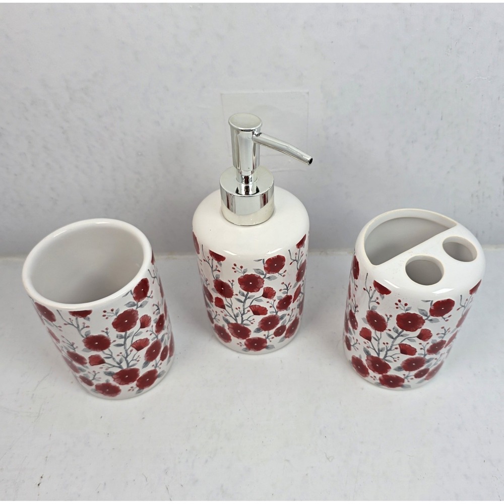Modern Boho Ceramic Bathroom Accessories 3-Piece Set Red Floral Soap Dispenser - Picture 2 of 6